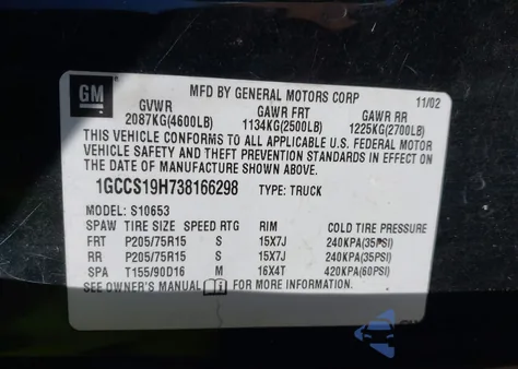 2003 Chevrolet S-10 from USA, damaged, VIN 1GCCS19H738166298